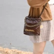 【CHANEL 香奈兒】22 MINI 經典品牌LOGO菱格小牛皮手提肩背兩用包(深棕)