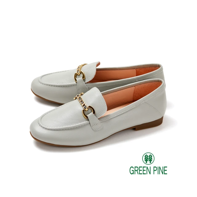 GREEN PINEGREEN PINE 簡約鎖鏈真皮平底靜音樂福鞋灰藍色(00311510)