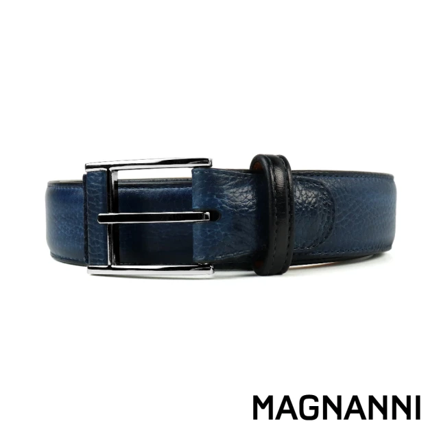 MAGNANNI 義大利荔枝紋針扣式皮帶 海軍藍(ZM572-NA)