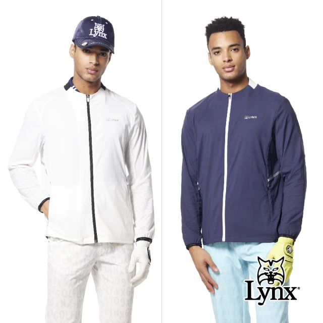 【Lynx Golf】男款吸排機能輕薄舒適網布剪接設計反光貼膜造型拉鍊口袋長袖外套(二色)
