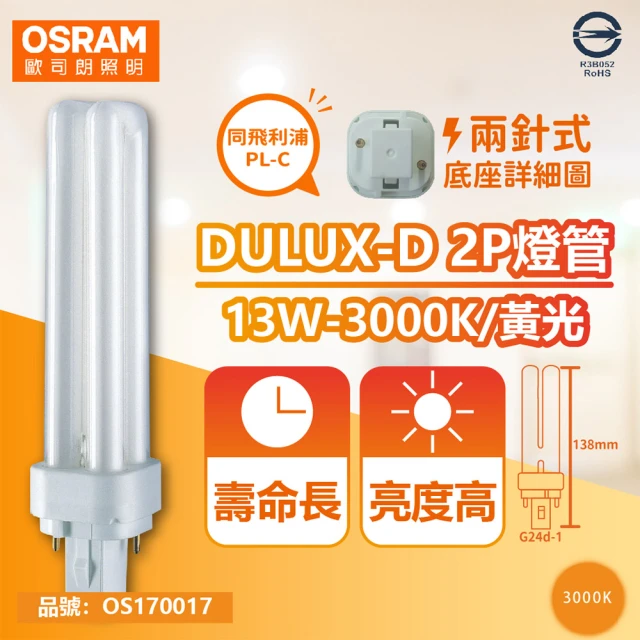 【Osram 歐司朗】4入 DULUX-D 13W 830 黃光 2P  緊密型螢光燈管 同飛利浦PL-C _ OS170017