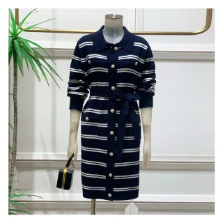 【JESSICA】經典條紋羊毛寬鬆長袖針織洋裝235401（藍）
