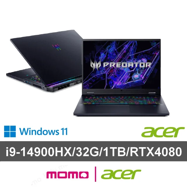 【Acer 宏碁】18吋14代i9 RTX4080電競筆電(Predator/PH18-72-9913/i9-14900HX/32G/1TB SSD/W11)