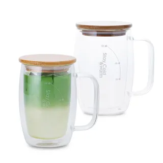 【CookPower 鍋寶_買1送1】雙層耐熱玻璃咖啡杯400ml(附贈竹製杯蓋)