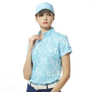 【Lynx Golf】女款吸溼排汗機能滿版LXG字樣印花Lynx繡花短袖立領POLO衫/高爾夫球衫(水藍色)
