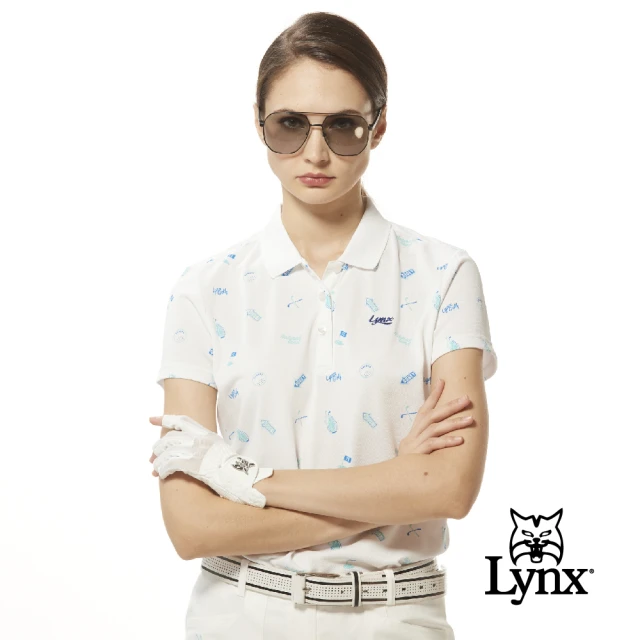 Lynx Golf 女款吸濕排汗機能網眼材質高爾夫圖樣Lynx草寫繡花短袖POLO衫/高爾夫球衫(白色)