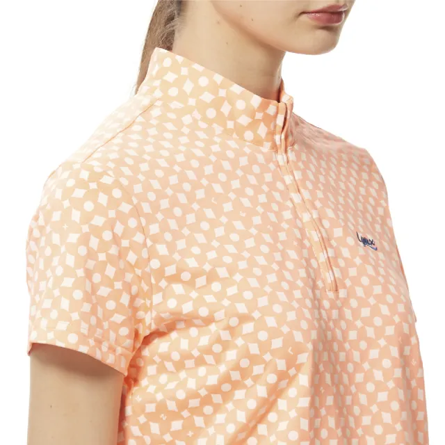 【Lynx Golf】女款吸汗速乾機能滿版形狀造型印花Lynx字樣繡花短袖立領POLO衫/高爾夫球衫(螢光橘色)