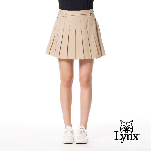 【Lynx Golf】女款彈性舒適素面外觀腰圍造型線條印花後腰隱形拉鍊設計運動短裙(二色)