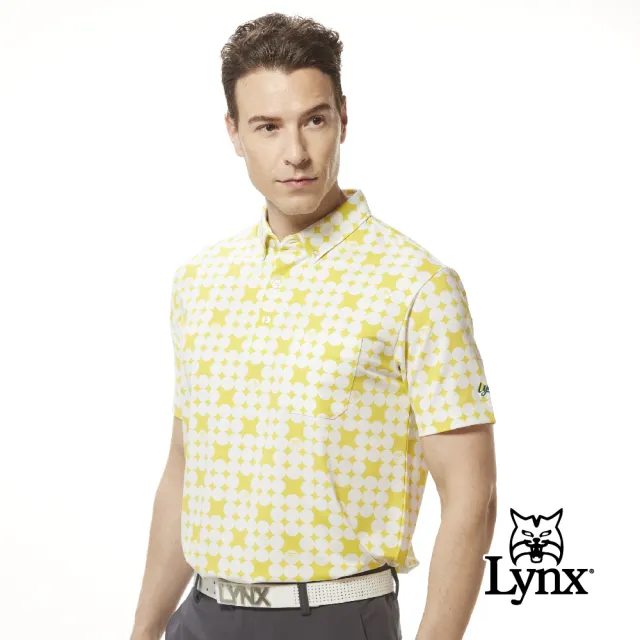 【Lynx Golf】男款吸溼排汗機能滿版圓圈排列領尖扣設計胸袋款短袖POLO衫/高爾夫球衫(果綠色)
