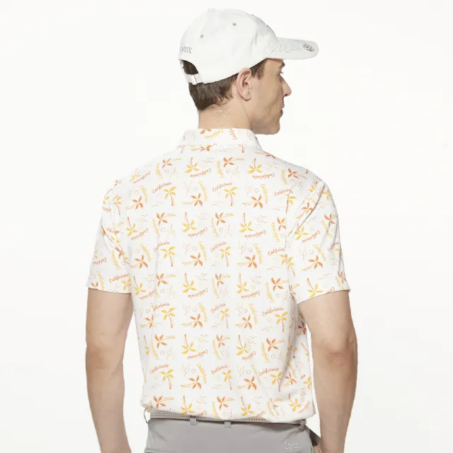 【Lynx Golf】男款吸溼排汗機能滿版加州椰樹圖樣印花胸袋款短袖POLO衫/高爾夫球衫(白色)