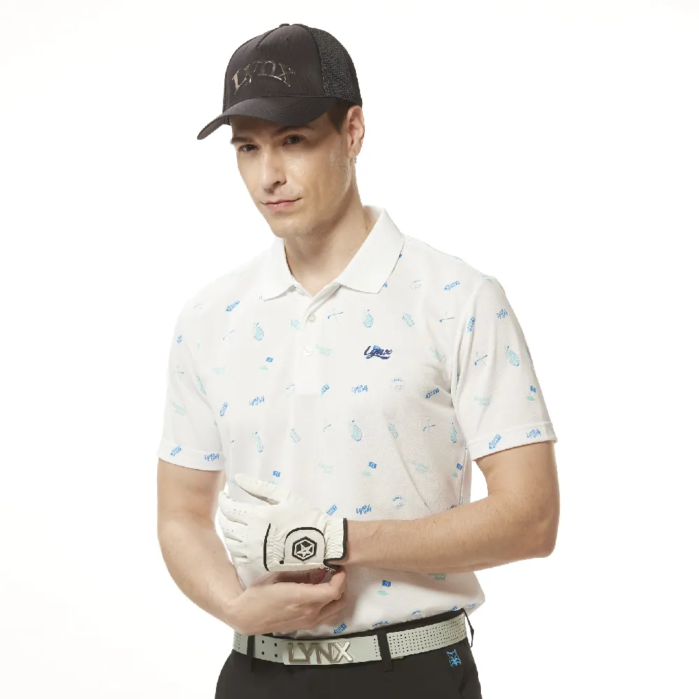 【Lynx Golf】男款吸濕排汗機能網眼材質高爾夫圖樣Lynx草寫繡花短袖POLO衫/高爾夫球衫(白色)