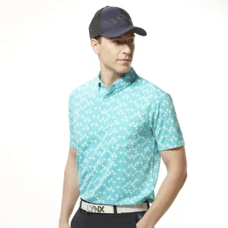 【Lynx Golf】男款吸汗速乾機能滿版形狀印花領尖扣設計胸袋款短袖POLO衫/高爾夫球衫(藍綠色)