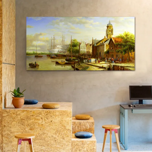 【御畫房】商貿市集 國家一級畫師手繪油畫60×120cm(VF-142)