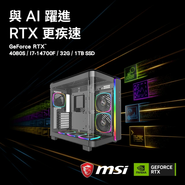 【微星平台】i7二十核GeForce RTX 4080 Super Win11{霸者之塔W}AI電競旗艦機(I7-14700F/B760/32G/1TB)