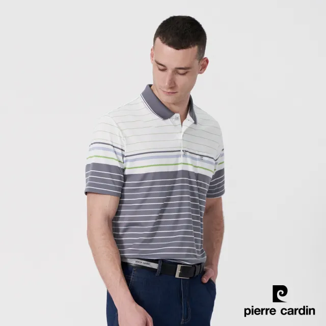 【pierre cardin 皮爾卡登】網路獨家 男款 Hi Cool彈力吸濕排汗定位條紋短袖POLO衫-綠色(7247266-42)