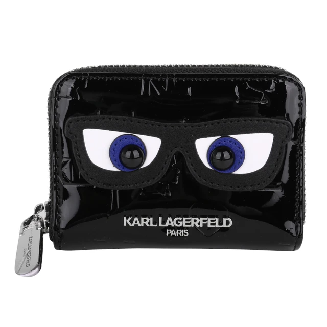 KARL LAGERFELD 卡爾 大眼睛亮漆皮風琴式卡夾包(黑)