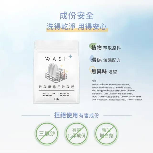 【Wash+加潔】洗碗機專用環保洗碗粉4kg(好評4入組/嬰兒適用/全機型/台灣製造/無香精)