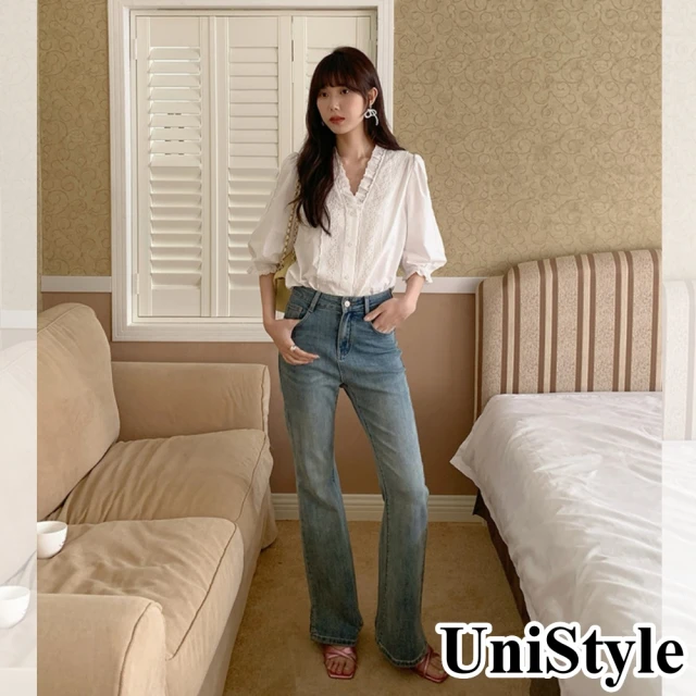 【UniStyle】五分袖襯衫 韓版復古V領蕾絲滾邊上衣 女 EAY1312(白襯衫)