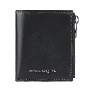 【Alexander McQueen】ALEXANDER McQUEEN經典燙印LOGO小牛皮4卡釦式對折短夾(黑)
