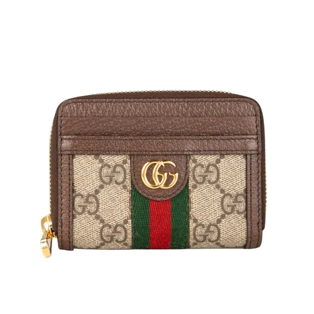 【GUCCI 古馳】Ophidia經典Supreme帆布紅綠織帶卡片零錢包(烏木色)