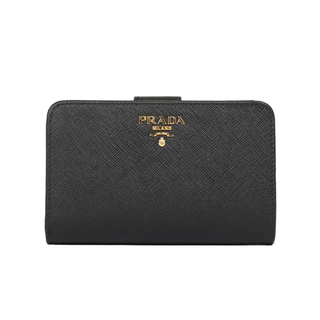 【PRADA 普拉達】SAFFIANO 防刮皮革金屬字母釦式中夾(黑)