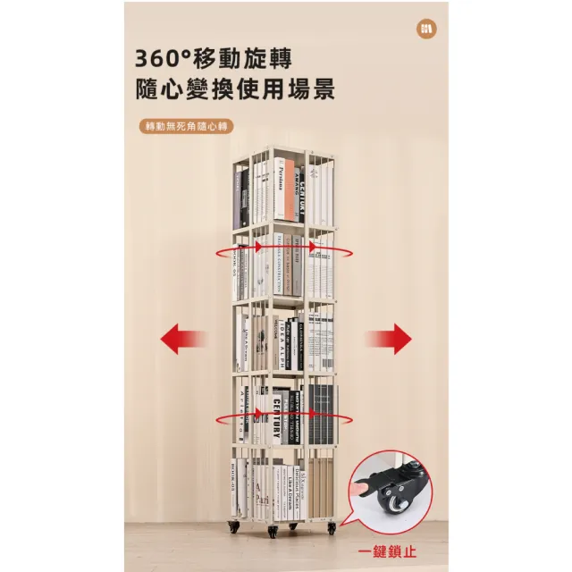 【慢慢家居】360°旋轉超耐重加厚碳鋼可移動書櫃-四層(書架/收納架/置物架/層架)