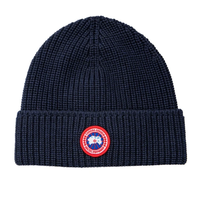 CANADA GOOSE 品牌LOGO 羊毛毛帽-深藍色(ONE SIZE)