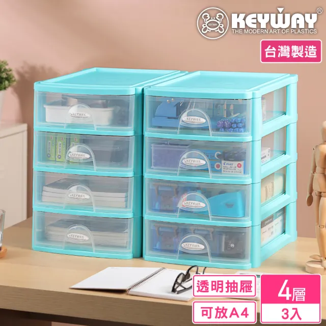 【KEYWAY 聯府】安娜四層抽屜文書櫃-3入 藍(辦公 桌上收納 A4紙適用 文件櫃 MIT台灣製造)