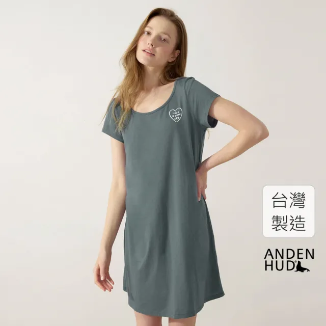 【Anden Hud】連身_療癒烘焙．吸濕排汗A-Line短袖睡衣(鐵藍-愛心nice day)