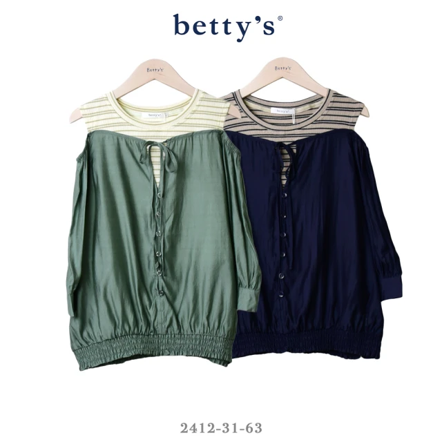 betty’s 貝蒂思 假兩件露肩開襟綁帶七分袖條紋上衣(共二色)