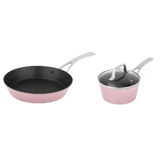 【美國MotherGoose 鵝媽媽】FancyPan 粉品IH導磁不沾鍋平底鍋20cm+湯鍋18cm(含蓋)