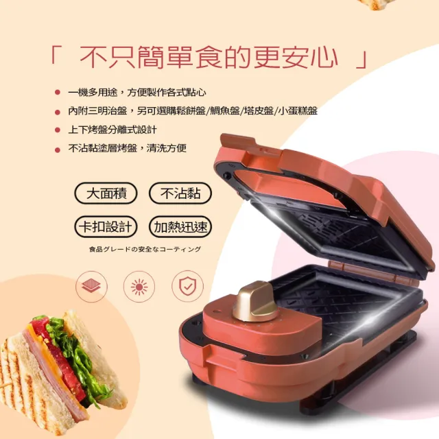 【日本FURIMORI 富力森】熱壓三明治點心機單盤FU-S501R(加贈鯛魚烤盤*1+鬆餅烤盤*1)