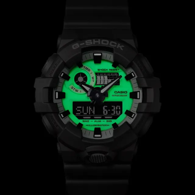 【CASIO 卡西歐】G-SHOCK 黑暗空間發光 霧面深灰大錶殼雙顯錶(GA-700HD-8A 防水200米)