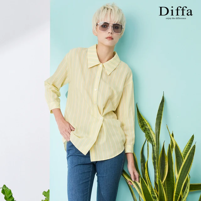 Diffa 黃白條造型釦絆設計上衣-女品牌優惠