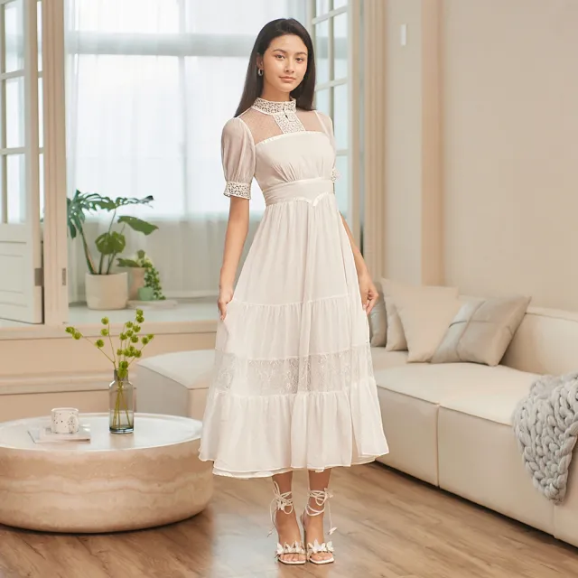 【OMUSES】刺繡蕾絲雪紡白色長洋裝60-7217(S-2L)