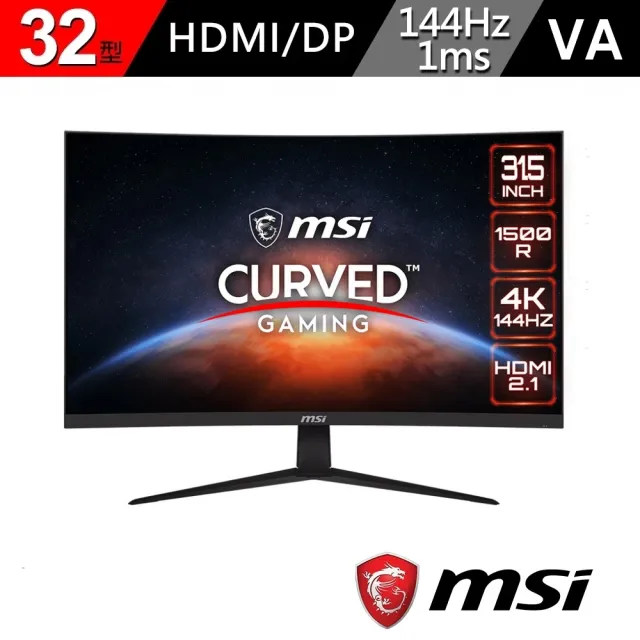 【MSI 微星】G321CU 32型 VA 4K 144Hz曲面電競螢幕(1500R/FreeSync/HDMI2.1/Type-C/HDR)