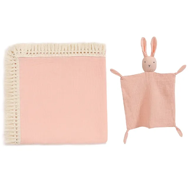 【Kori Deer 可莉鹿】彌月禮盒組-純色流蘇嬰兒萬用包巾+安撫巾(彌月禮滿月冷氣毯透氣寶寶被四季毯寶寶玩具)