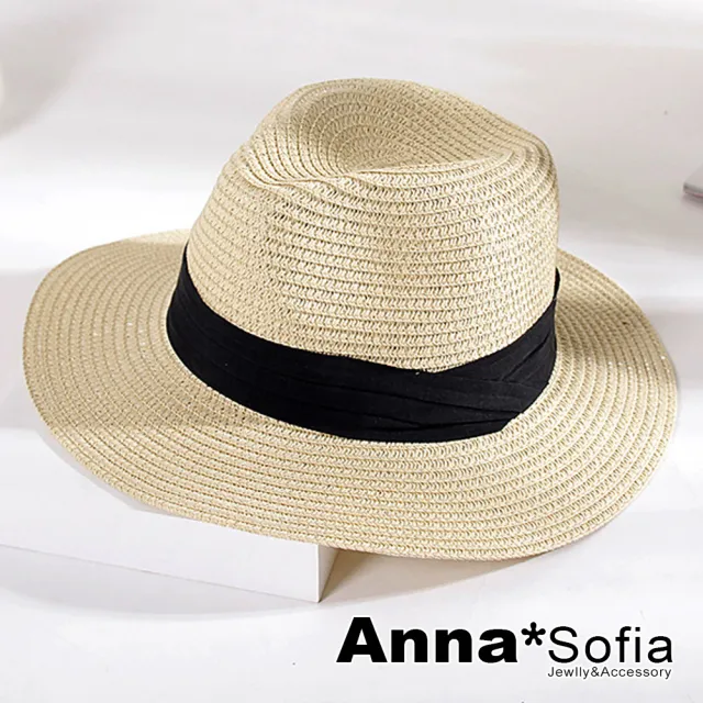 【AnnaSofia】買一送一久等禮 遮陽帽防曬帽網美渡假草帽海灘帽紳士帽爵士帽-黑層摺帶 現貨(杏系)