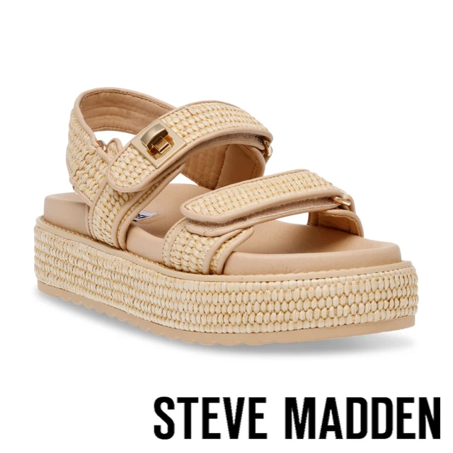 【STEVE MADDEN】BIGMONA 粗帶釦飾草編涼鞋(米色)