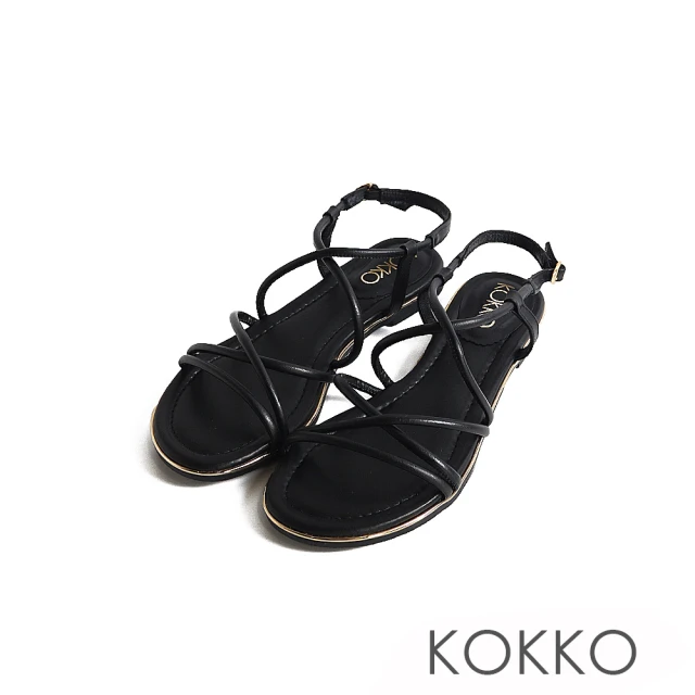 KOKKO 集團 小清新線條交叉感軟Q細帶涼鞋(黑色)
