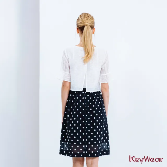【KeyWear 奇威名品】假兩件式雙層荷葉袖洋裝