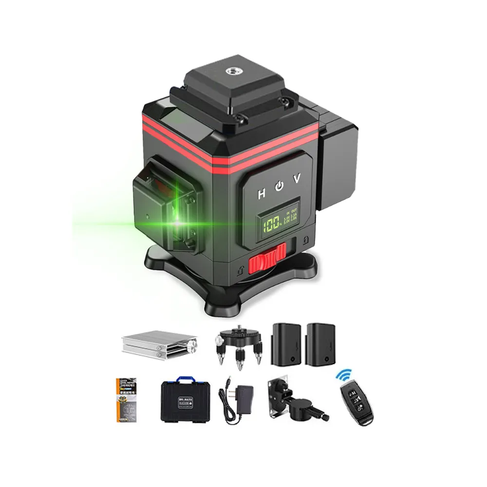【Cang小達】水平儀 雷射水平儀（12線綠光兩電）黑紅款(LED電量顯示/觸控式/紅外線/自動打斜線)