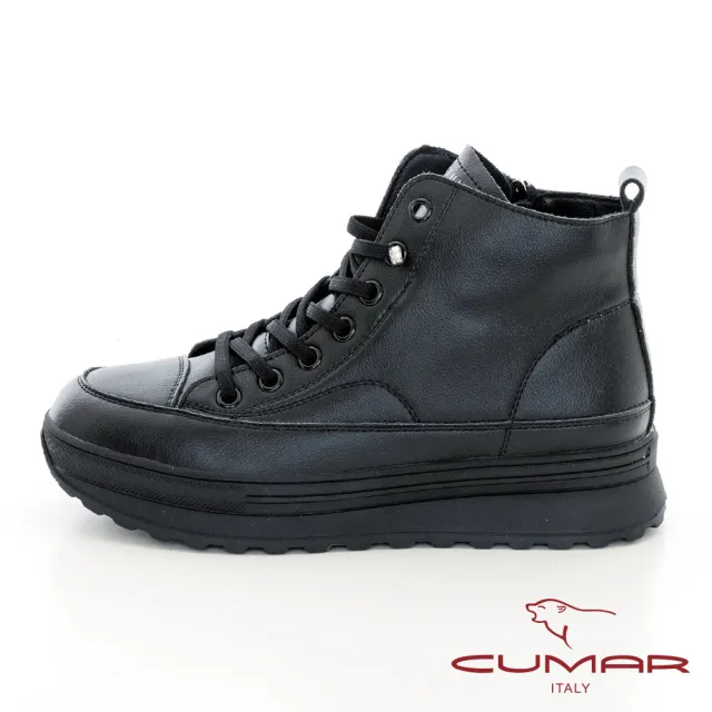 【CUMAR】素面彈力綁帶高筒厚底休閒鞋(黑色)