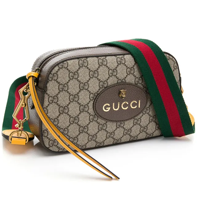 【GUCCI 古馳】476466 經典GG Supreme帆布印花雙色織帶相機斜揹包(棕色)