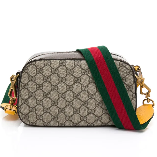 【GUCCI 古馳】476466 經典GG Supreme帆布印花雙色織帶相機斜揹包(棕色)