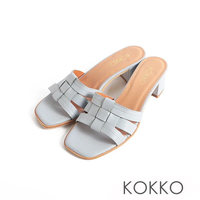 KOKKO 集團KOKKO 集團 渡假感編織方頭柔軟綿羊皮粗跟涼拖鞋(淺藍色)
