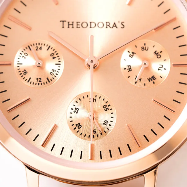 【THEODORA’S 希奧朵拉】Apollo 三眼真皮手錶(小錶面) 三眼粉膚-真皮橘棕(日期顯示 真三眼)