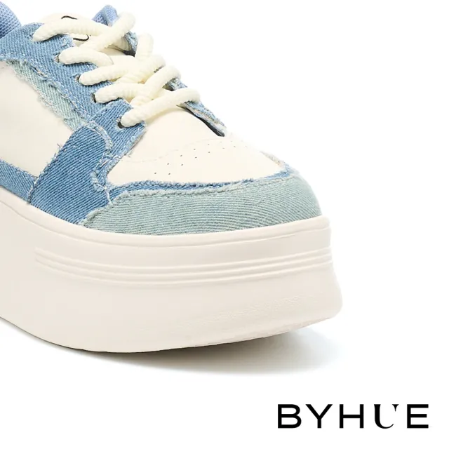 【BYHUE】率性粗繩綁帶牛仔布撞色拼接軟芯厚底休閒鞋(藍)