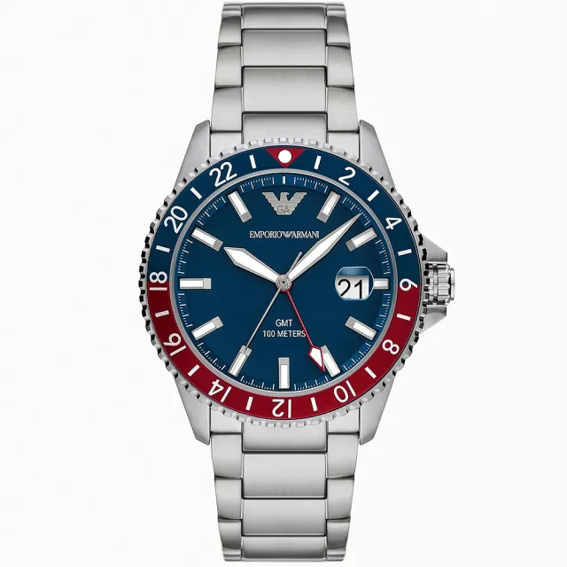 【EMPORIO ARMANI】亞曼尼 Diver 紅藍撞色GMT手錶-42mm 畢業禮物(AR11590)