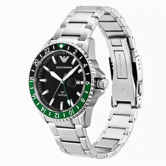【EMPORIO ARMANI】亞曼尼 Diver 黑綠撞色GMT手錶-42mm(AR11589)